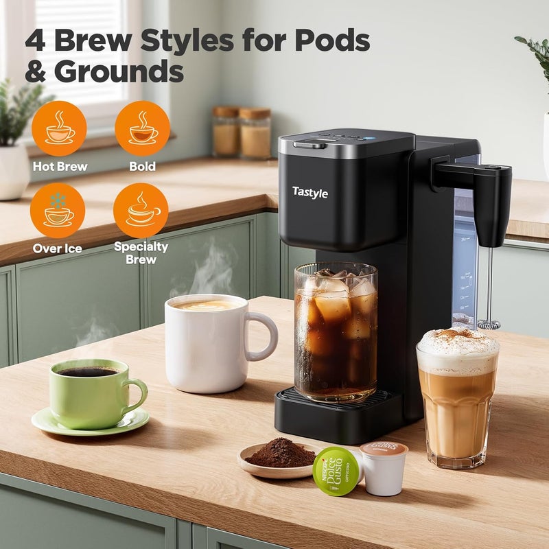 Tastyle Single Serve Coffee Maker with Built-in Detachable Milk Frother, Iced and Hot Coffee Machine for K Cup & Grounds, 40oz Removable Water Reservoir, 6 Cup Sizes, Fits 7.3" Travel Mug, Black - Image 4